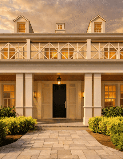 Two-story house with white railings, large windows, dormers, and a covered porch, lit by warm lights at dusk, with landscaped bushes in front.