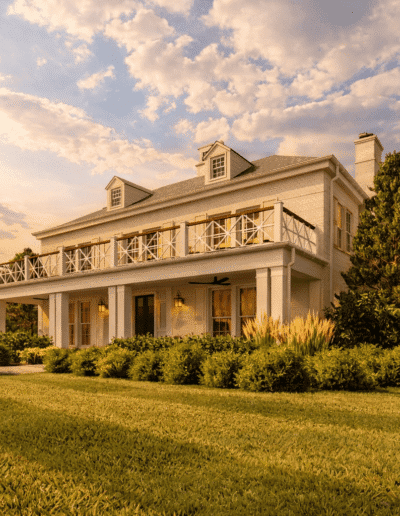 Two-story suburban house with a large balcony, white exterior, and surrounding green lawn and shrubs under a partly cloudy sky at sunset.